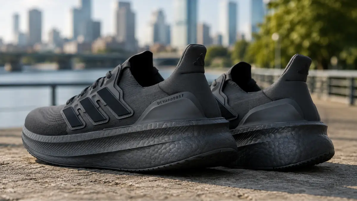 detalhe do calcanhar e da entressola preta do tenis adidas ultraboost 5 triple black