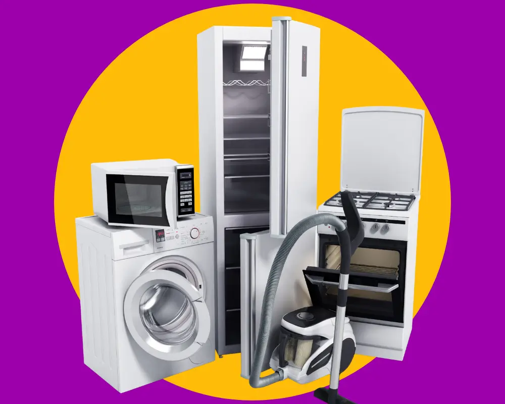 Montagem de eletrodomésticos da linha branca, como geladeira, fogão e máquina de lavar, disponíveis com cupom de desconto na loja Compra Certa.