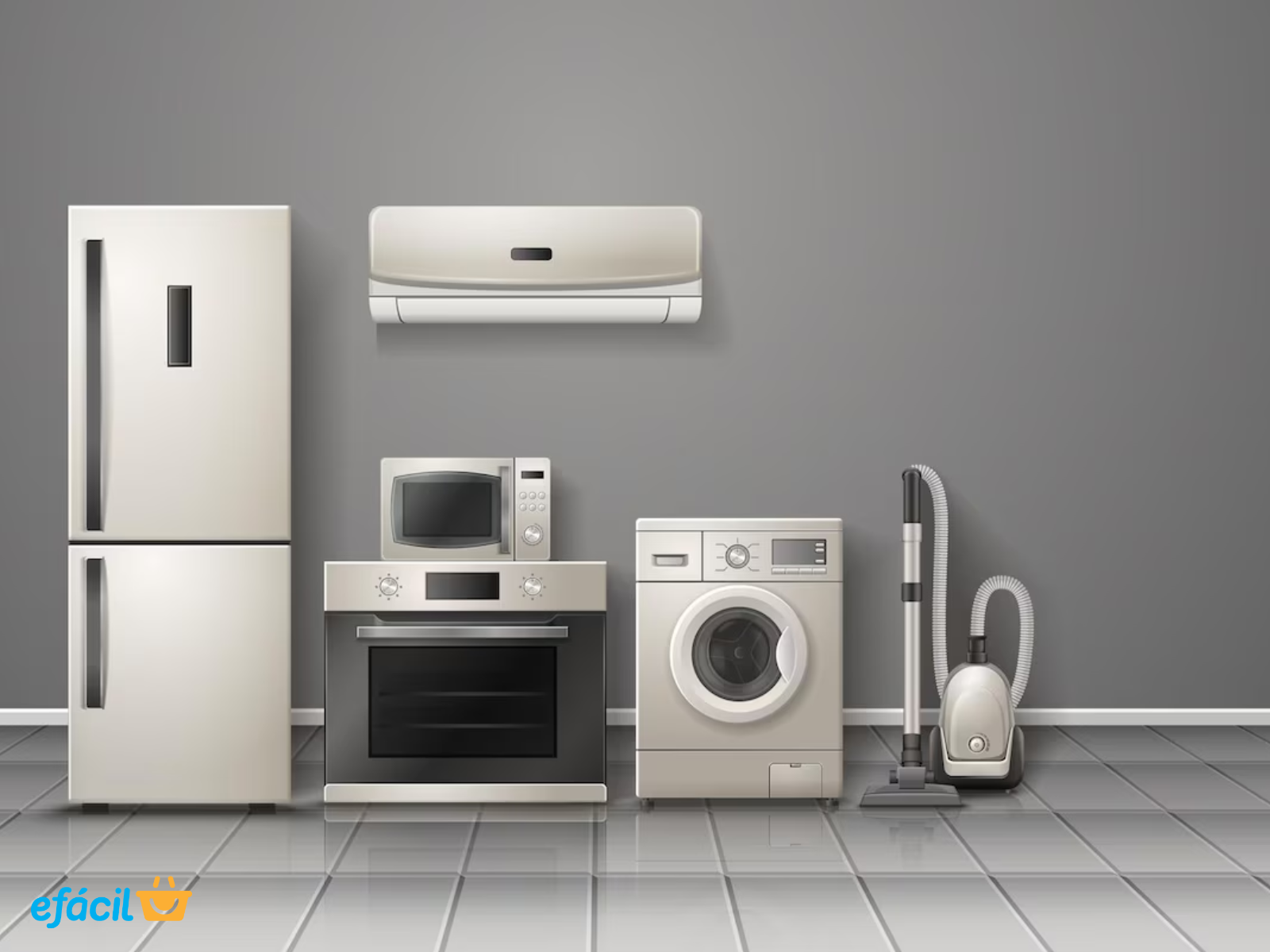 Diversos eletrodomésticos como geladeira, fogão e máquina de lavar, representando os produtos disponíveis com cupom de desconto na eFácil