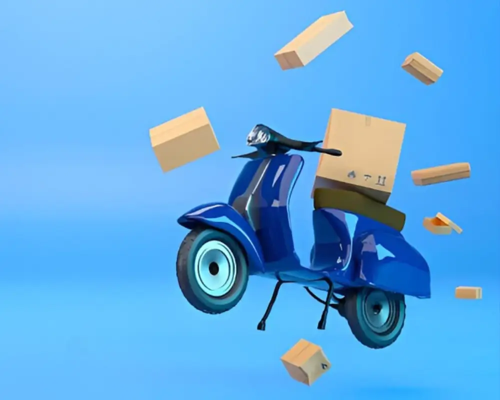 Ilustração 3D de uma scooter de entrega azul empinada, com uma caixa de encomenda na garupa e outras caixas flutuando ao redor contra um fundo azul, representando a rapidez e a conveniência das Ofertas com Frete Grátis.