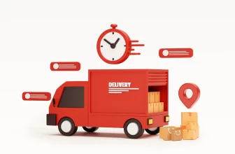 Ilustração 3D de um caminhão de entregas vermelho com a palavra "Delivery". Ao redor, há caixas de papelão, sacolas de compra, um ícone de localização e um relógio, simbolizando a entrega rápida e o frete grátis.