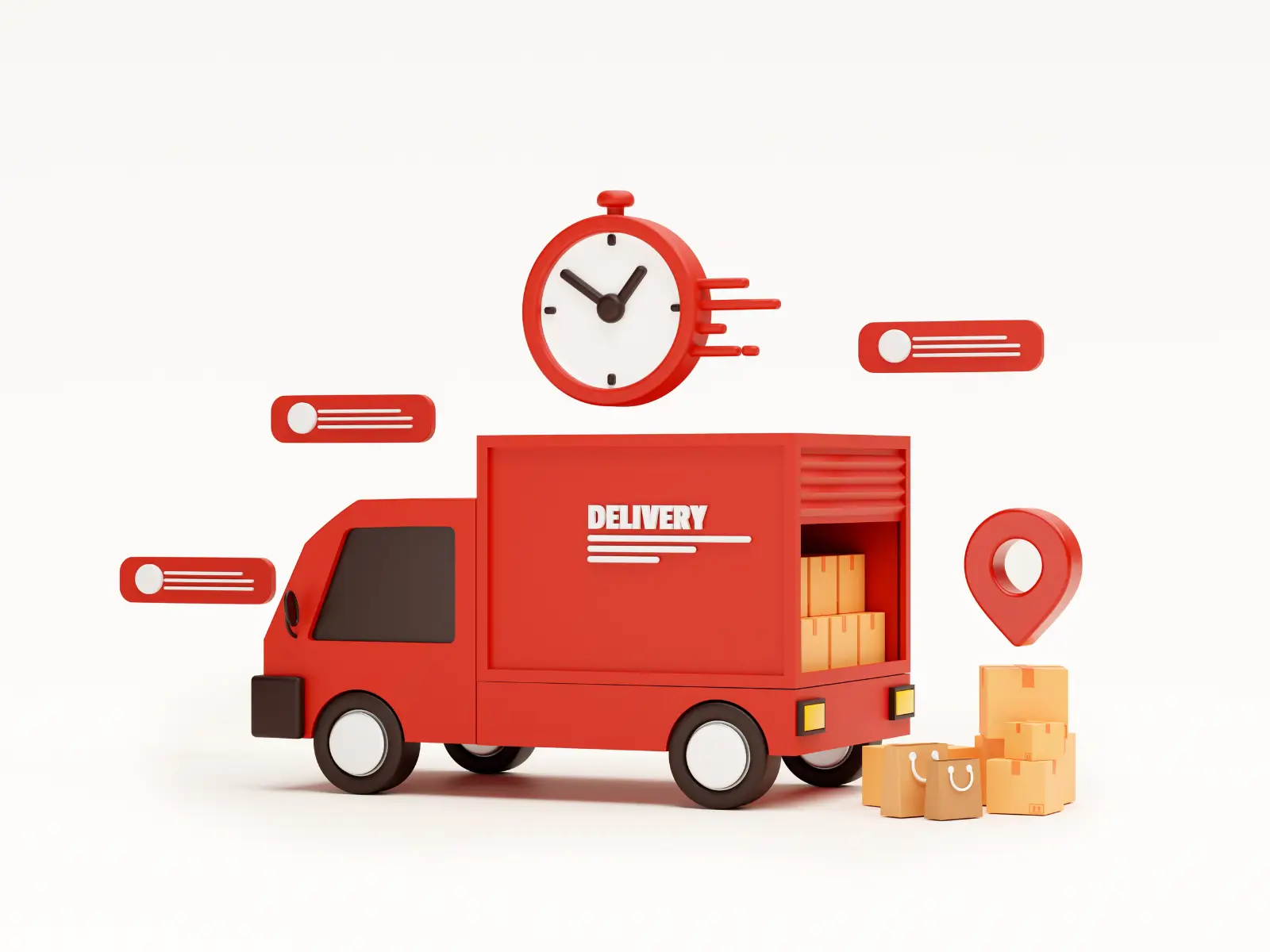 Ilustração 3D de um caminhão de entregas vermelho com a palavra "Delivery". Ao redor, há caixas de papelão, sacolas de compra, um ícone de localização e um relógio, simbolizando a entrega rápida e o frete grátis.