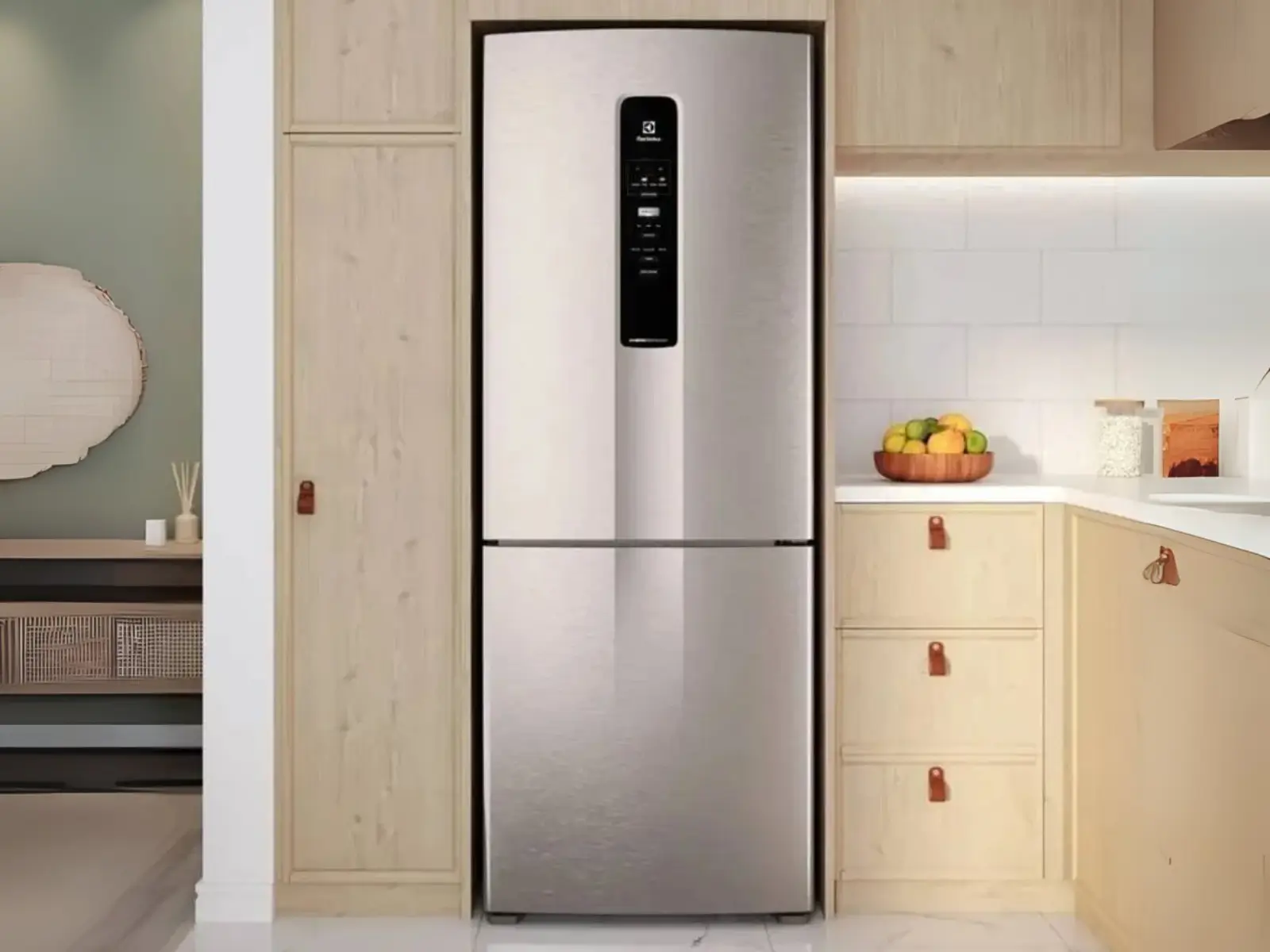Geladeira Electrolux modelo Inverse em uma cozinha com armários de madeira, mostrando a variedade de modelos em promoção.