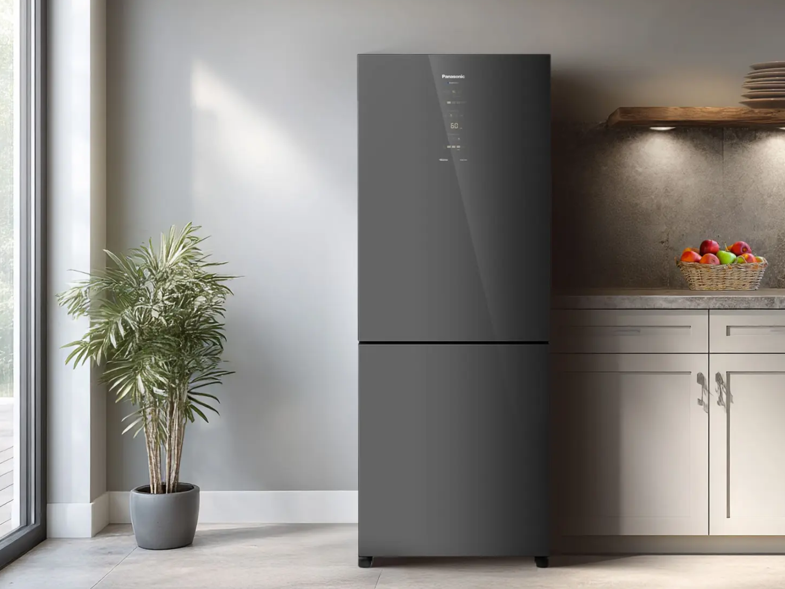 Geladeira Panasonic na cor cinza em uma cozinha moderna e minimalista, destacando o design premium do eletrodoméstico disponível para compra com cupom de desconto.