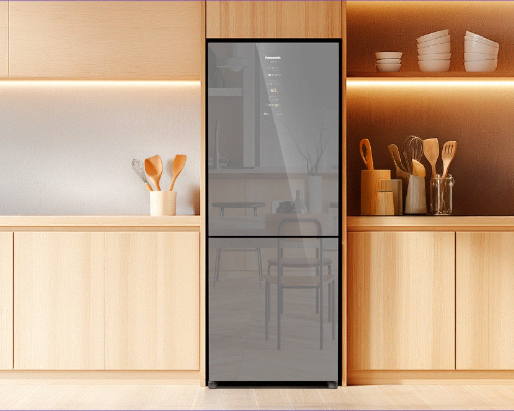 Geladeira Panasonic com design espelhado em uma cozinha de madeira, mostrando sofisticação.
