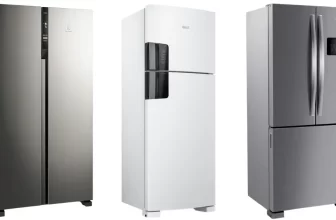 Três modelos de geladeiras, incluindo uma side by side, uma duplex branca e uma french door em inox, representando a variedade de eletrodomésticos da Webcontinental onde se pode usar cupom de desconto.