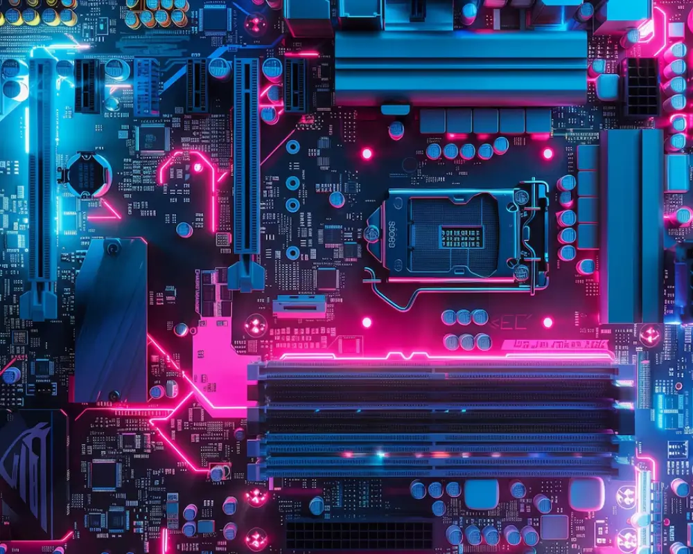 Close-up de uma placa-mãe gamer com iluminação neon, representando o hardware de alta performance com desconto no KaBuM!.