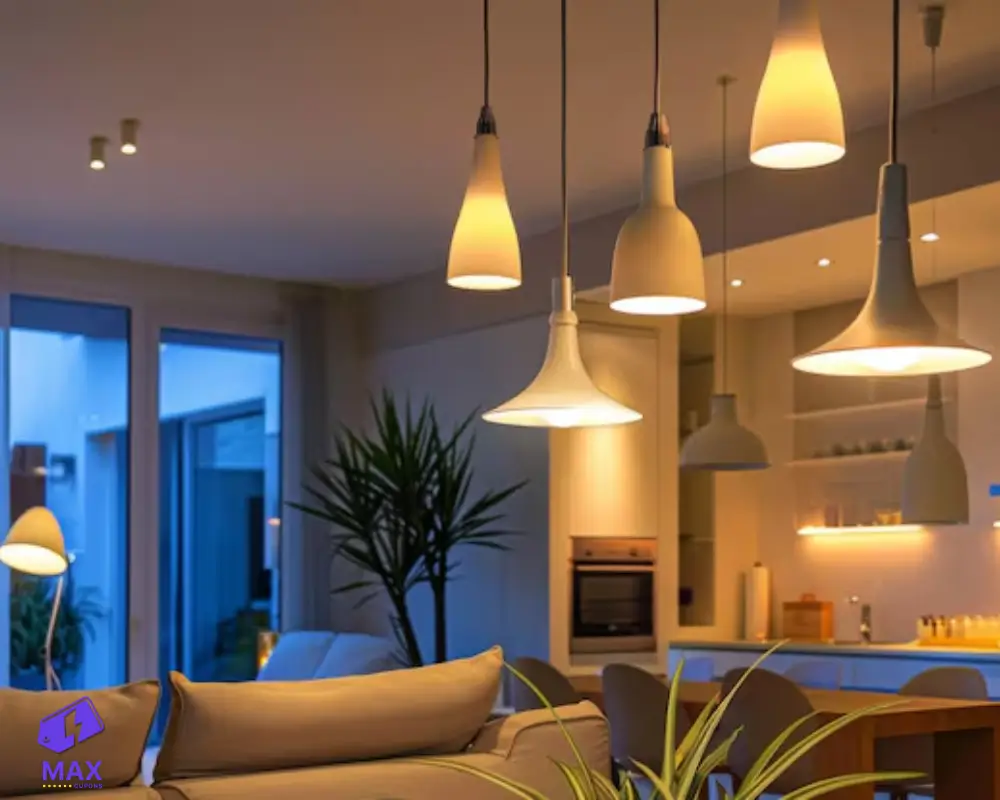 Ambiente de sala de jantar moderno com iluminação de destaque, mostrando produtos de decoração da Leroy Merlin.