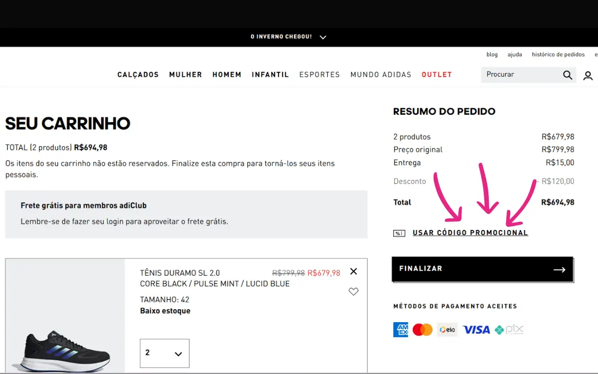 Interface do site Adidas mostrando campo para inserir cupom