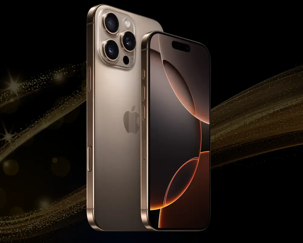 iPhone na cor dourada em destaque, mostrando a parte traseira e frontal, para ilustrar as promoções da Fast Shop.