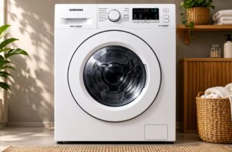 lava e seca samsung 10kg eco bubble branca vista frontal em lavanderia moderna