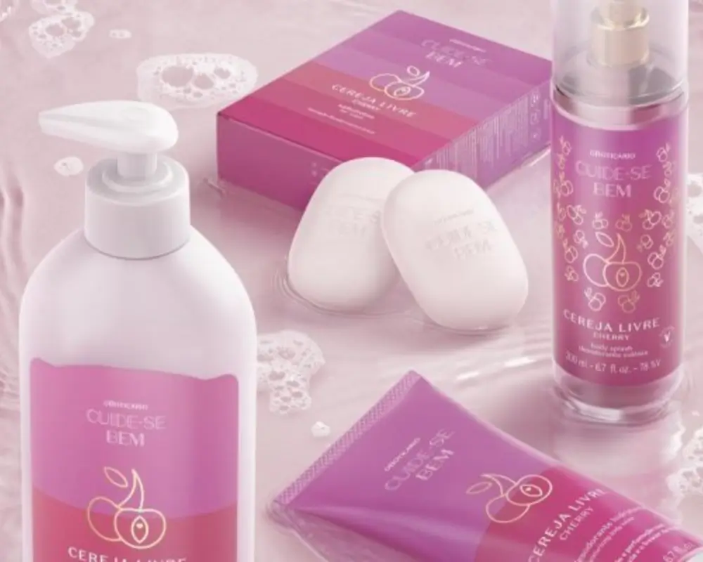 Produtos da linha Cuide-se Bem Cereja Livre de O Boticário, mostrando a variedade de cuidados.