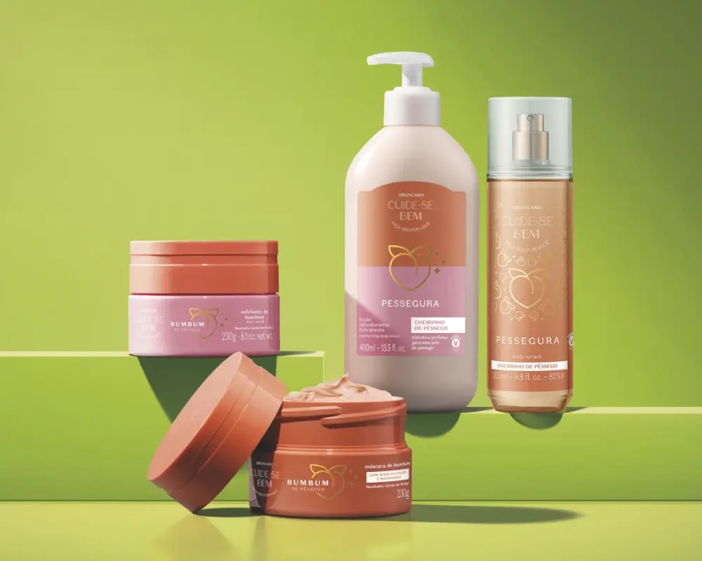 Linha de produtos Cuide-se Bem Pessegura de O Boticário, mostrando a variedade da coleção.