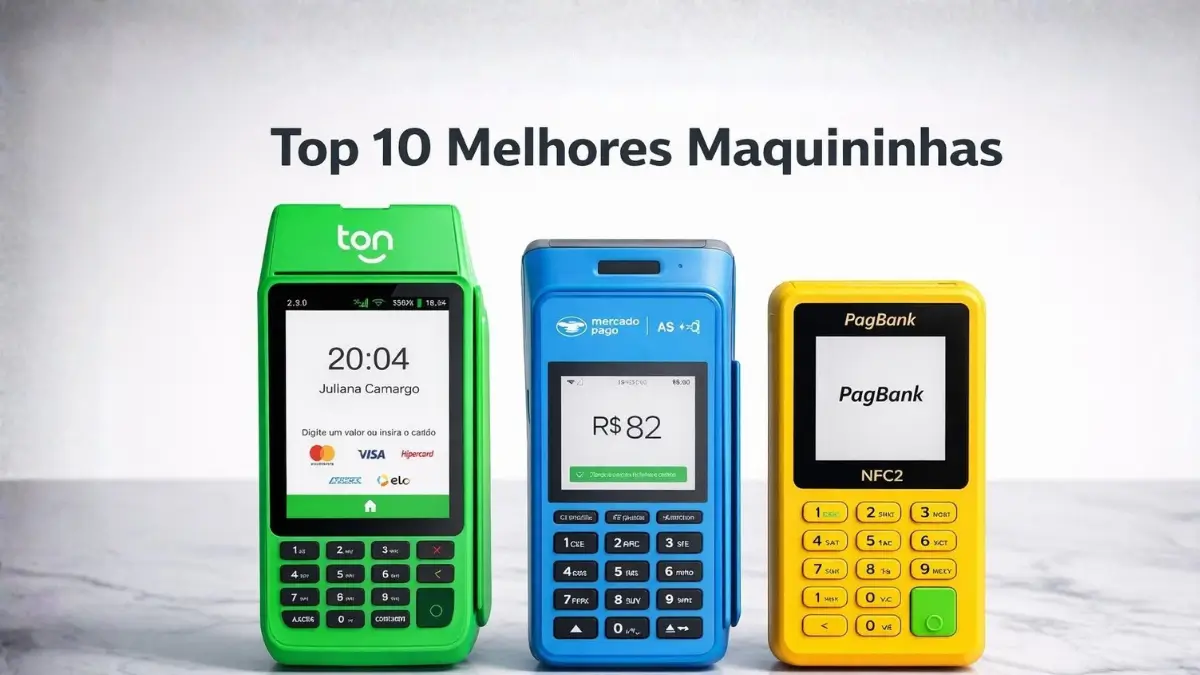 Três maquininhas de cartão Ton, Mercado Pago e PagBank alinhadas sobre bancada, com o título “Top 10 Melhores Maquininhas”, representando o conteúdo sobre a Melhor Maquininha de Cartão.