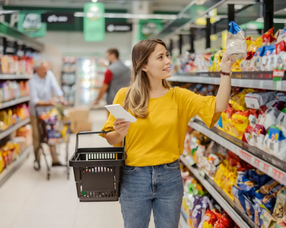 Mulher com um carrinho de compras olhando para uma prateleira, planejando suas compras para o Dia do Consumidor.