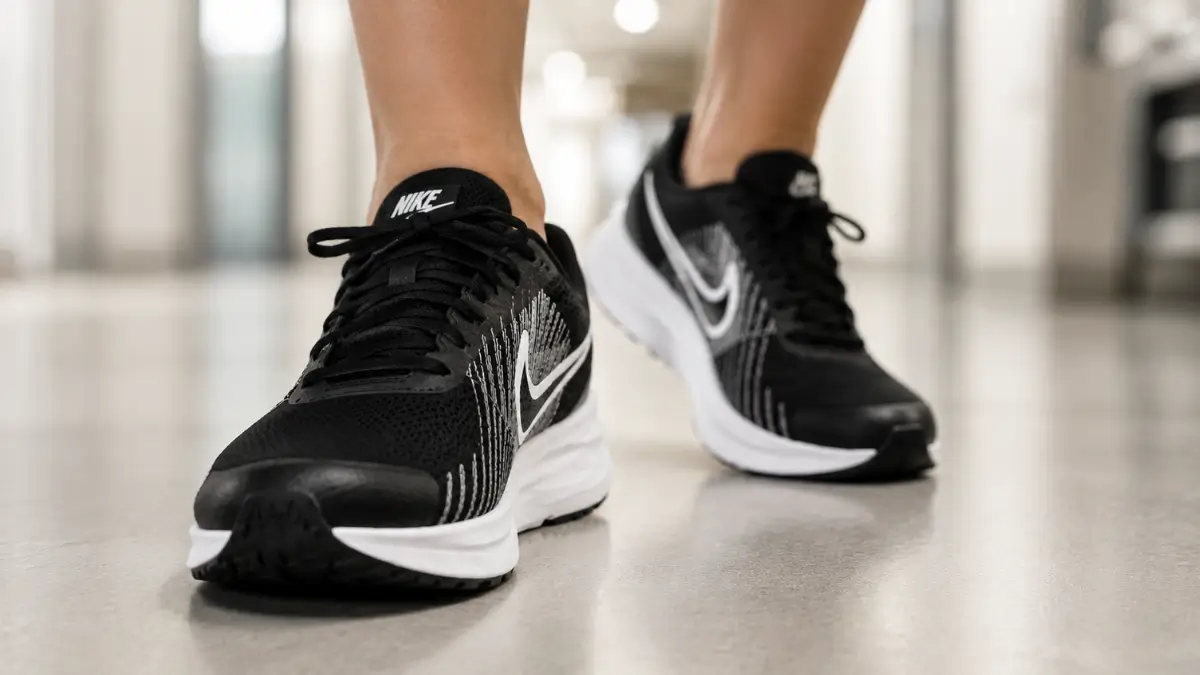 tenis nike run defy no pe sendo usado para caminhada urbana