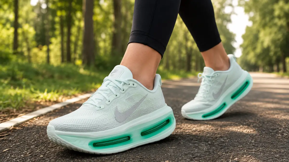 tenis nike vomero premium cor menta em movimento durante corrida leve