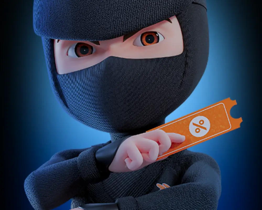 Mascote Ninja do KaBuM! segurando um cupom de desconto, simbolizando as ofertas e promoções da loja.