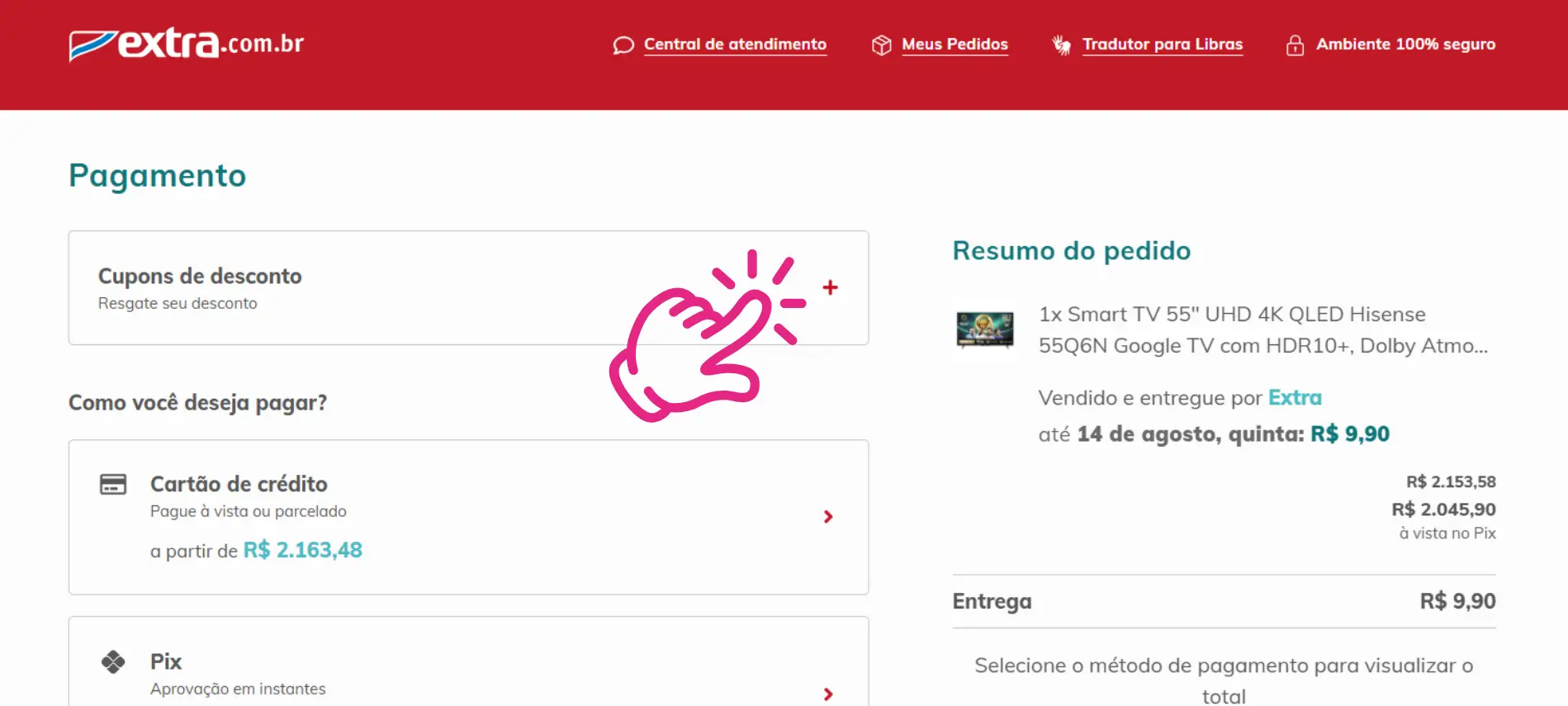 Screenshot da página de pagamento do Extra mostrando onde clicar para abrir a seção de cupons de desconto.