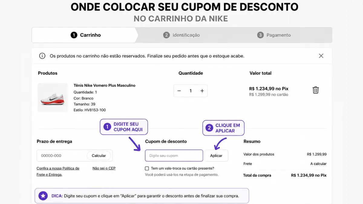 passo a passo de como aplicar o cupom de desconto no carrinho da nike app