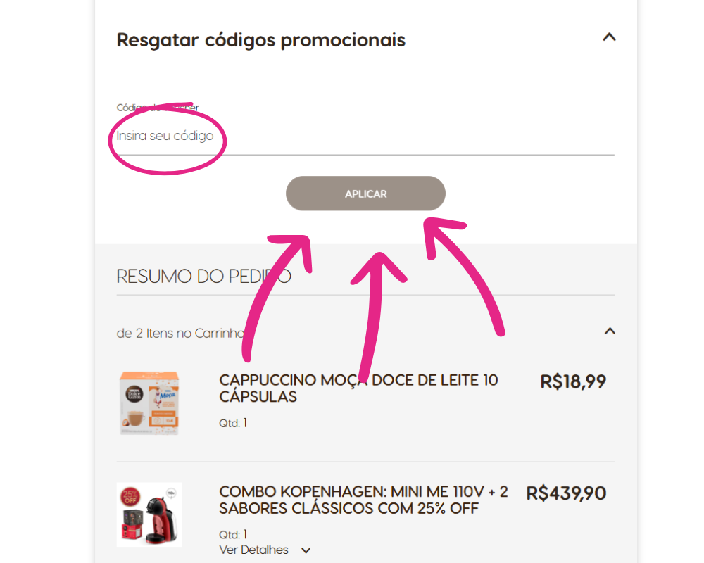 Guia visual de como usar cupom de desconto Dolce Gusto, destacando o campo para inserir o código no carrinho de compras.