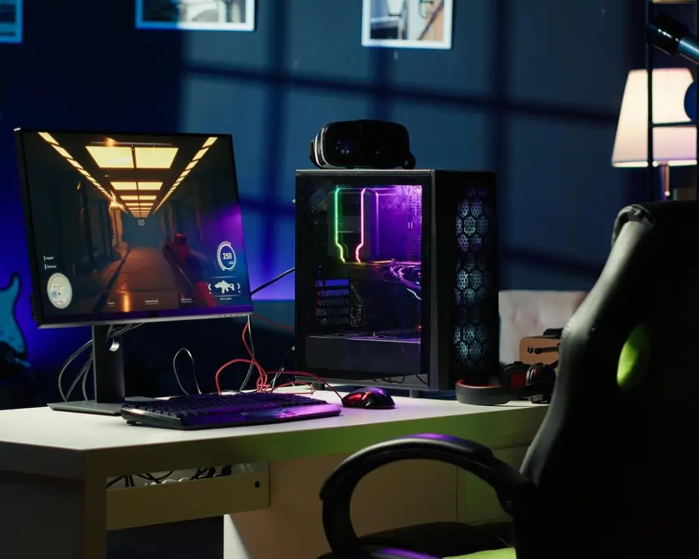 Setup de um PC gamer com luzes RGB que pode ser comprado com um cupom de desconto Gigantec
