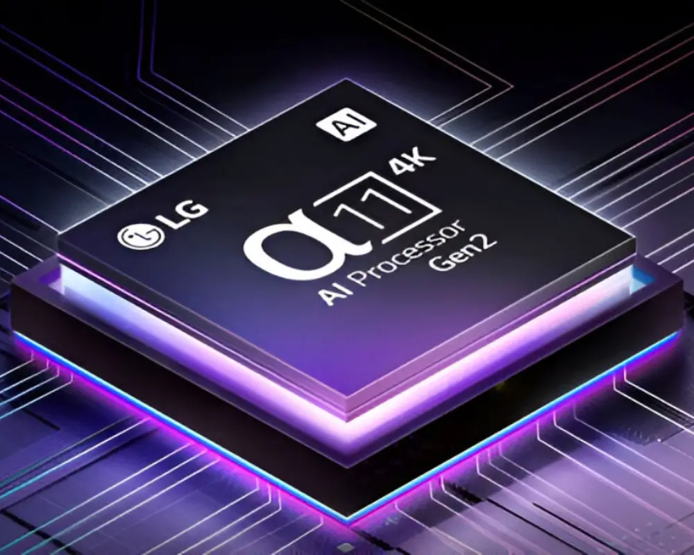 Close-up do processador Alpha 11 AI 4K da LG, um exemplo de tecnologia de ponta que pode ser comprada com desconto.