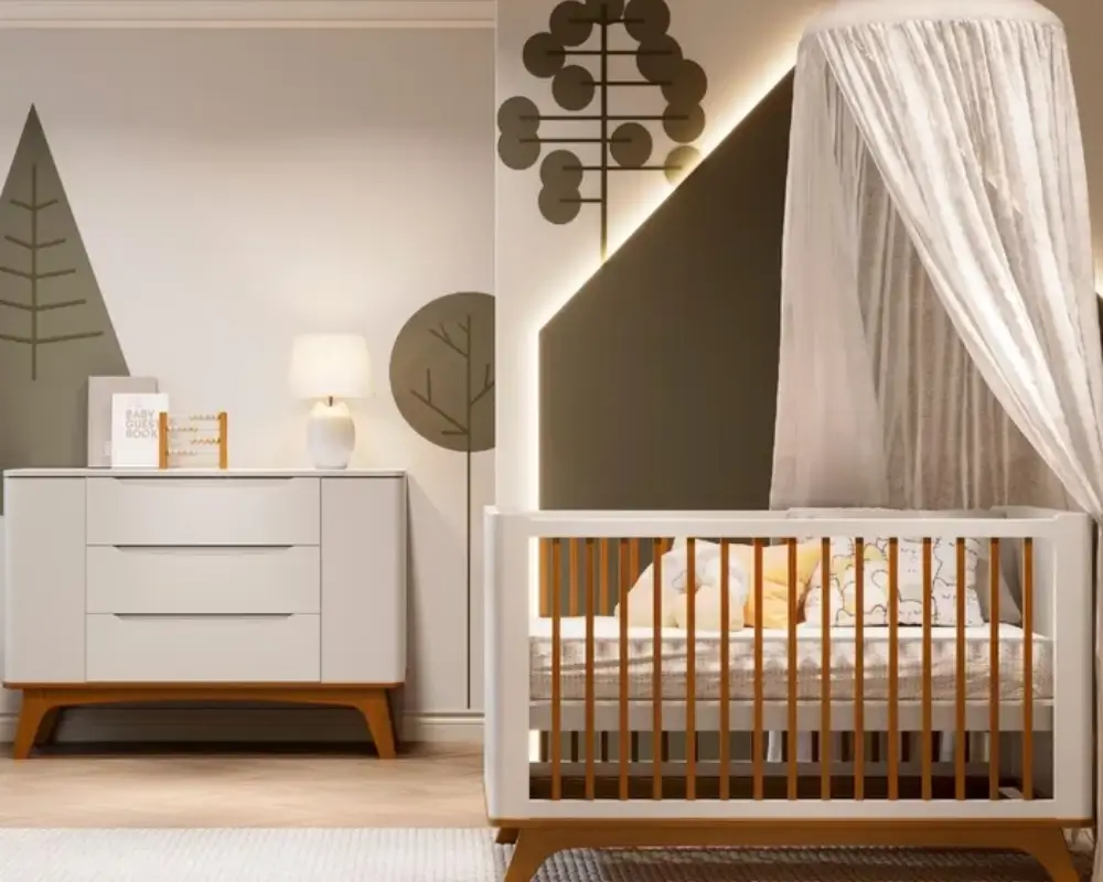 Quarto de bebê com berço e cômoda que pode ser montado com desconto da MadeiraMadeira