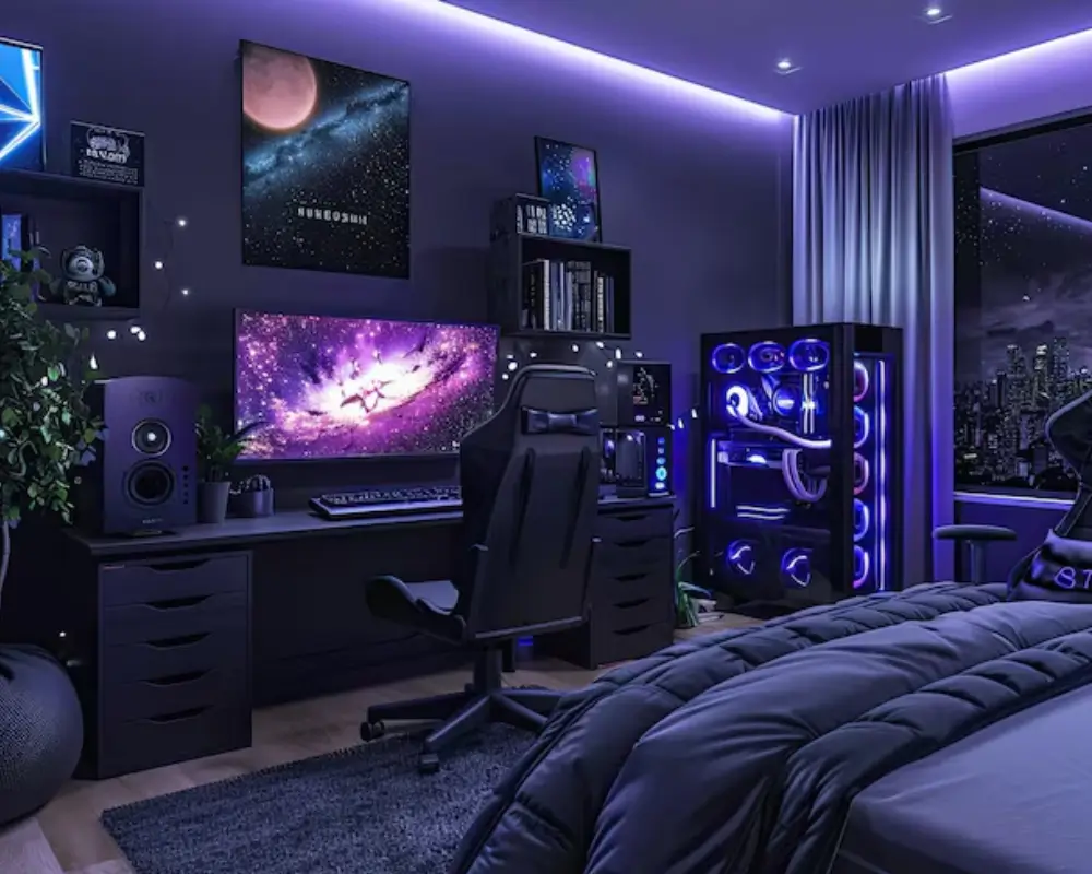 Setup gamer completo com PC, cadeira e iluminação RGB, montado com peças e periféricos comprados com cupom de desconto no KaBuM!.