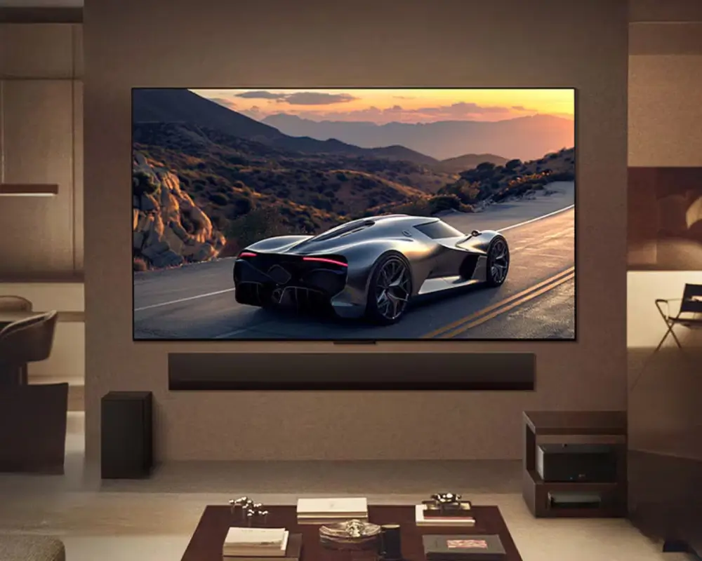 Smart TV LG com imagem vibrante em uma sala de estar, ilustrando a economia obtida ao usar cupom de desconto LG.