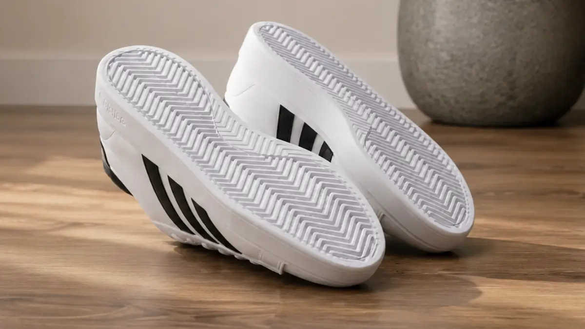 detalhe da sola de borracha do tenis adidas grand court 2.0 mostrando o padrao de tracao e logo