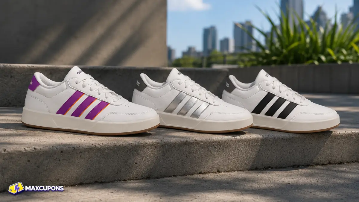 colecao de tenis adidas breaknet feminino em varias cores alinhados em cenario urbano