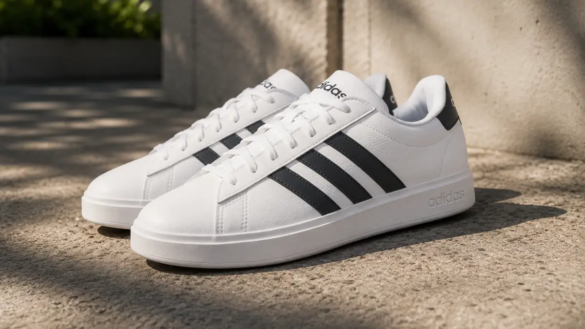tenis adidas grand court 2.0 feminino branco e preto em ambiente urbano com luz natural