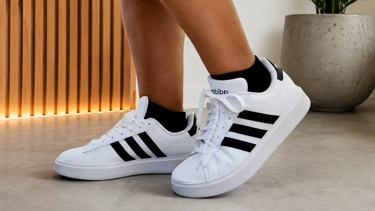 tenis adidas grand court 2.0 feminino no pe destacando o ajuste e o conforto