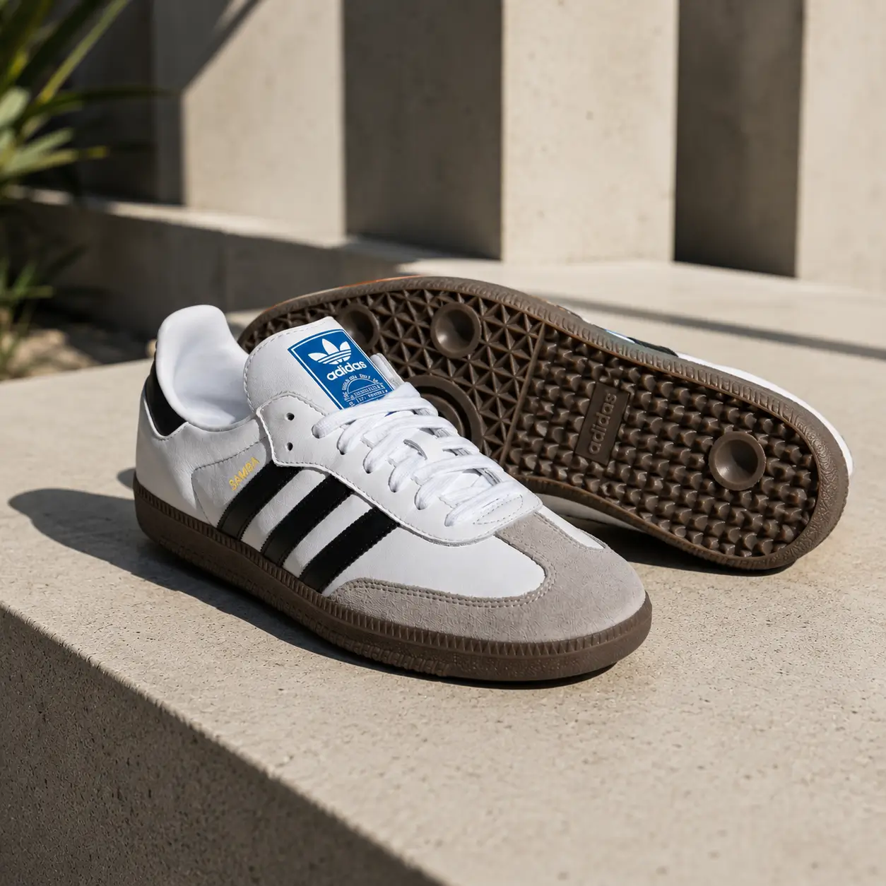 tenis adidas samba og feminino branco com listras pretas em cenario minimalista e moderno