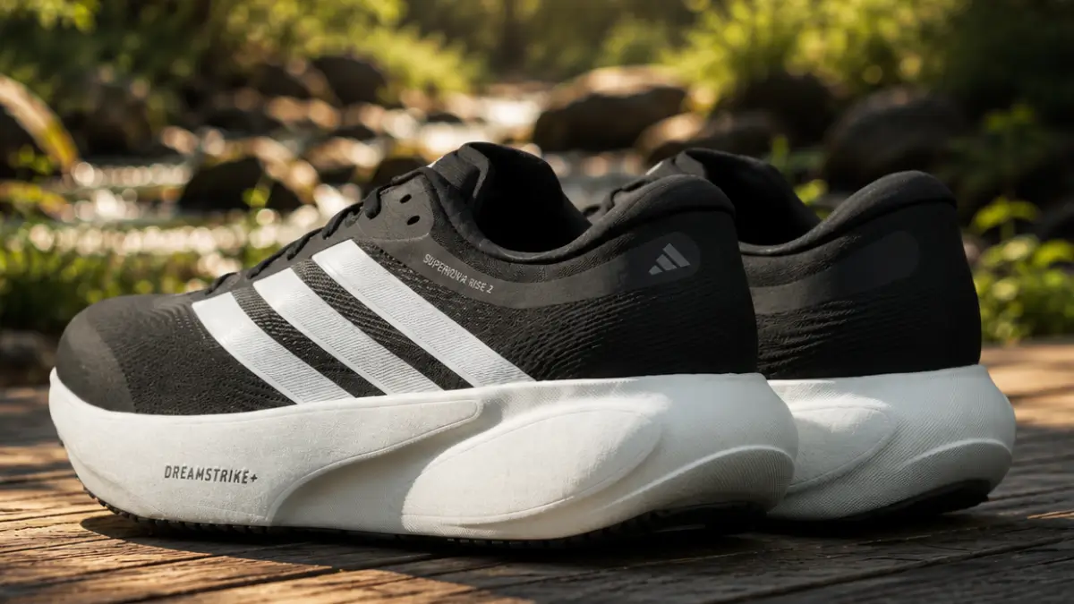 tenis adidas supernova rise preto em destaque sobre caminho de madeira em ambiente arborizado