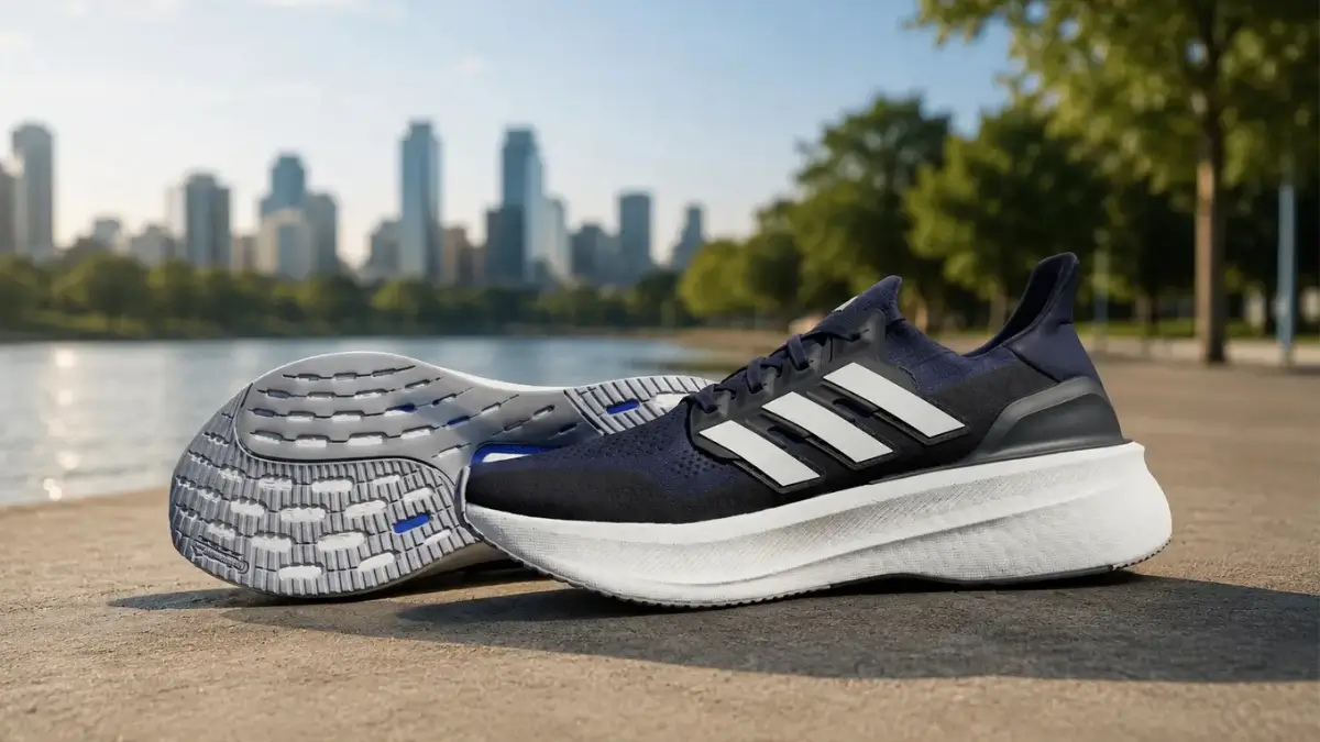 tenis adidas ultraboost 5 azul marinho em destaque com foco no amortecimento light boost premium