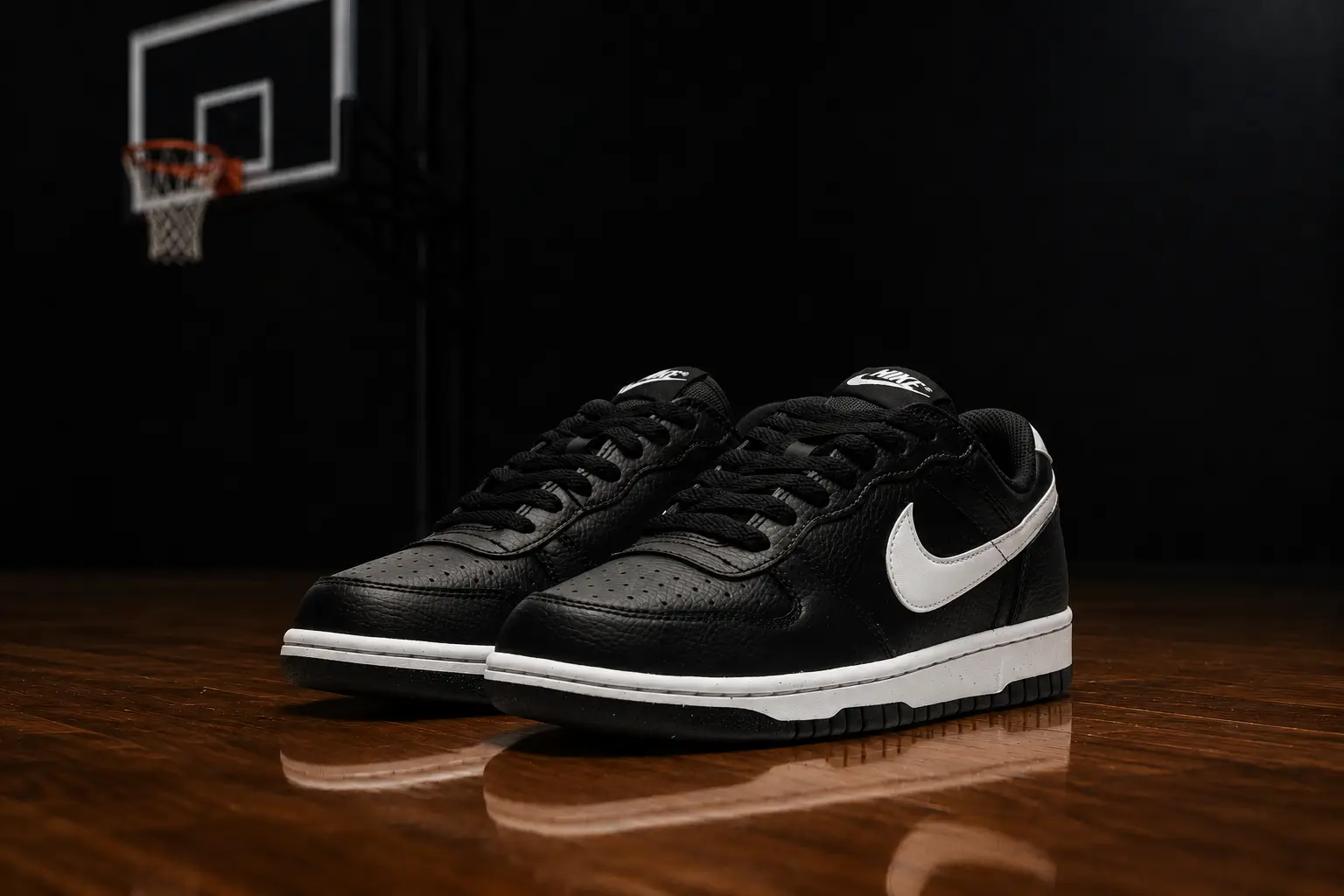 tenis nike big low masculino preto com branco em quadra de basquete estilo retro