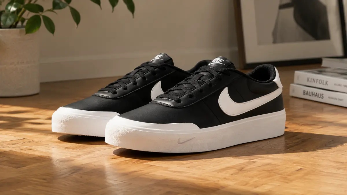 tenis nike court shot masculino preto em couro sintetico sobre piso de madeira estilo casual