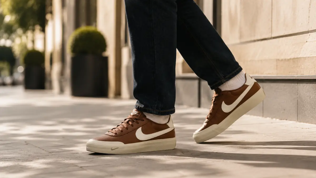 tenis nike court shot masculino marrom sendo usado com calca jeans em ambiente urbano