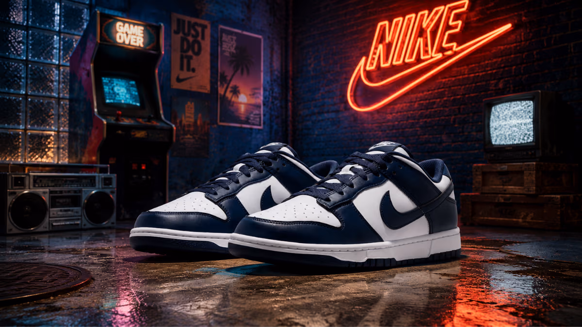tenis nike dunk azul e branco em destaque com iluminacao neon estilo retro