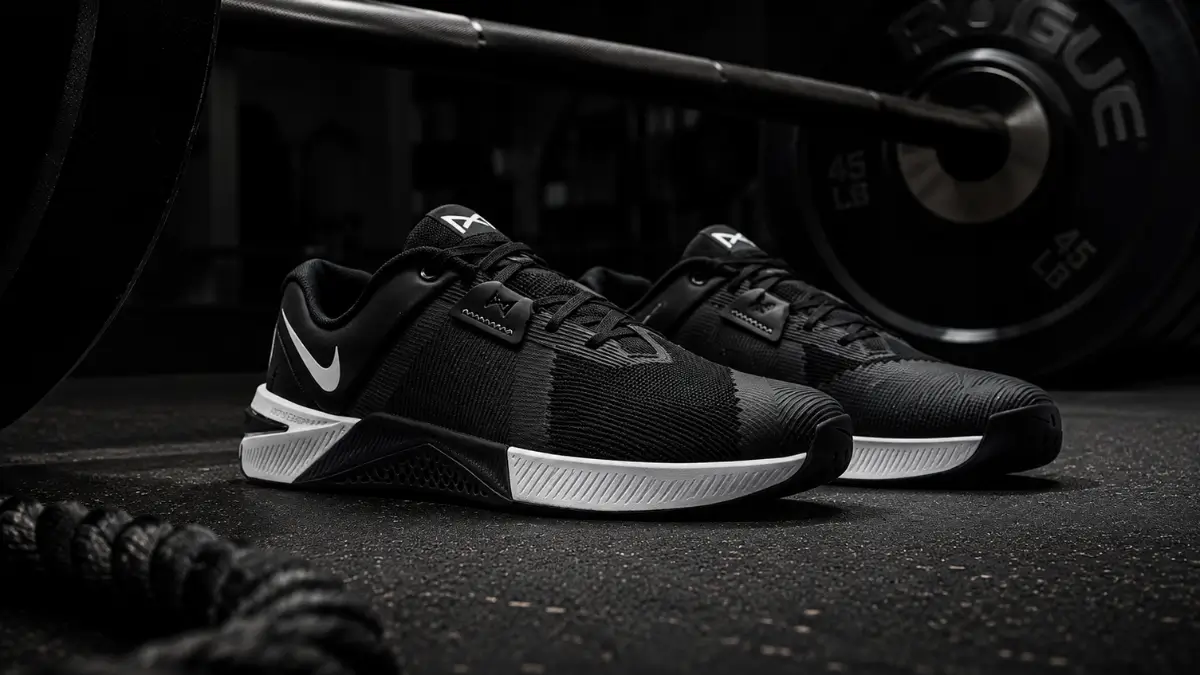 Tenis nike metcon 10 preto em destaque sobre pesos de academia para treino de alta intensidade