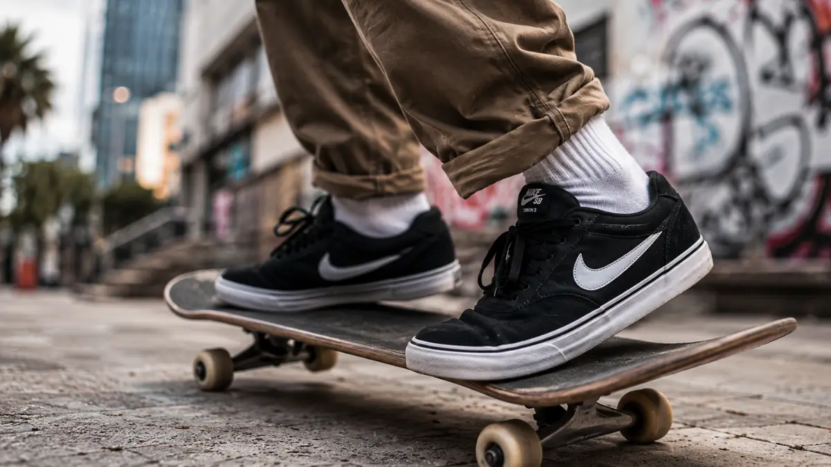 tenis nike sb chron 2 canvas no pe durante manobra de skate destacando a flexibilidade