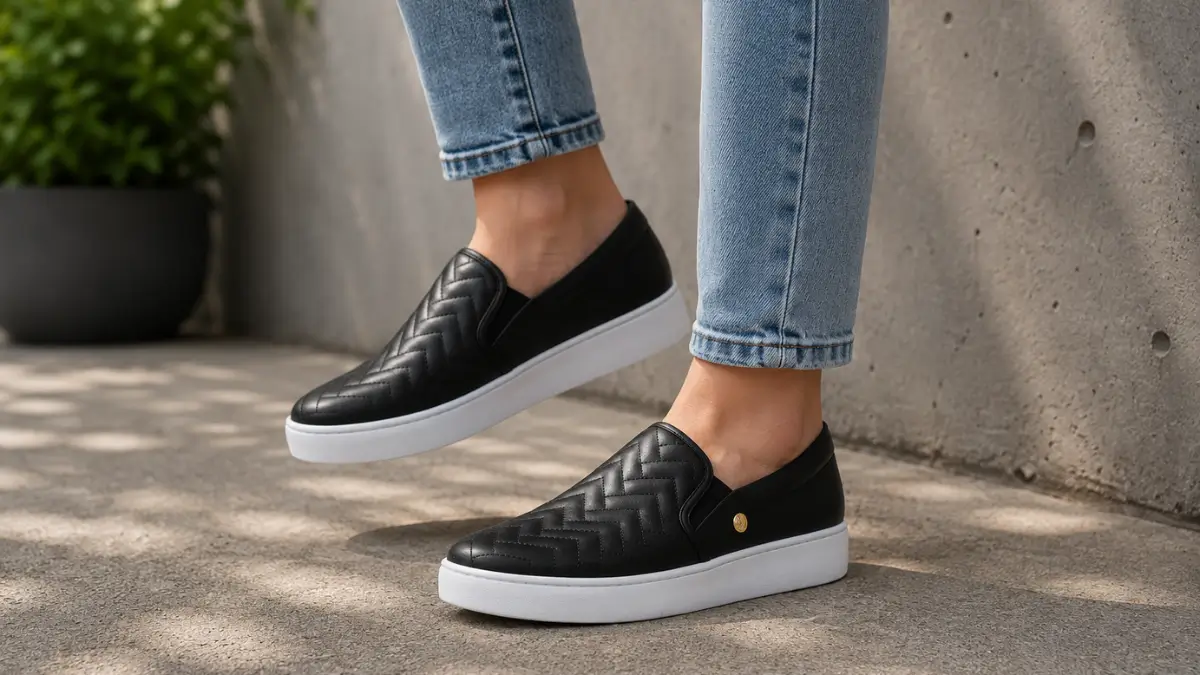 tenis feminino vizzano slip on preto no pe em cenario urbano casual
