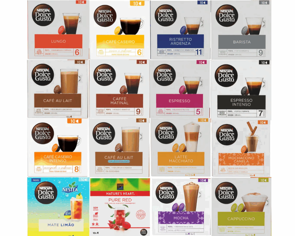 Montagem com diversos sabores de cápsulas Nescafé Dolce Gusto, incluindo Espresso, Café Caseiro, Latte Macchiato e Chás, que podem ser comprados com cupom